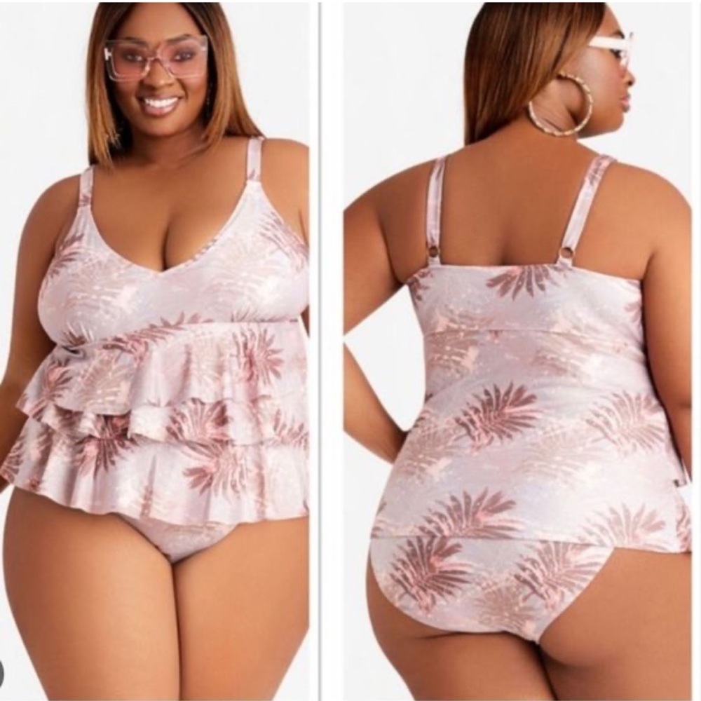 Nicole Miller Tankini Swimsuit Womens 3X Tropical Sand Print Ruffled